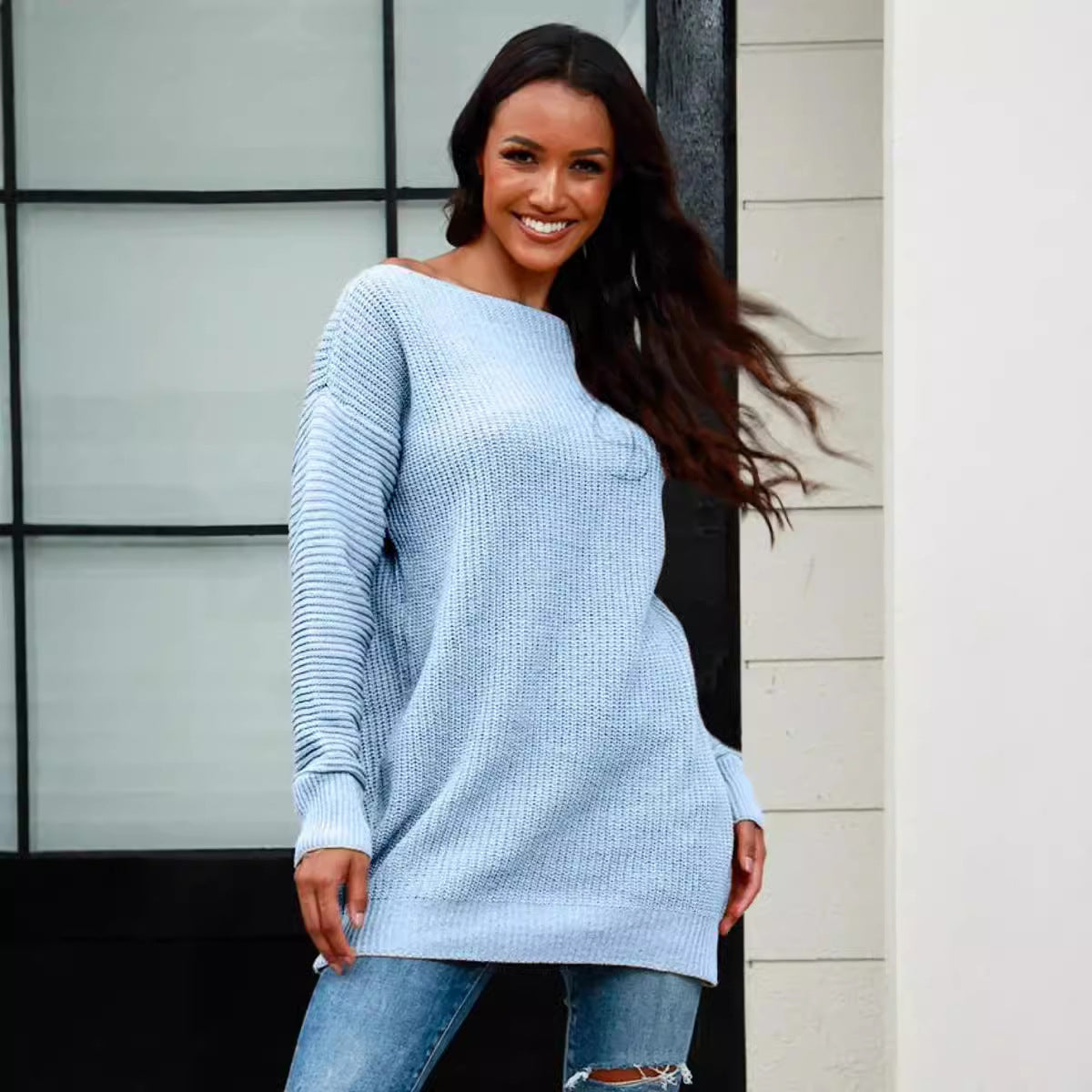 Pull en tricot décontracté pour femmes avec encolure large et structure en côte Chic und Stil