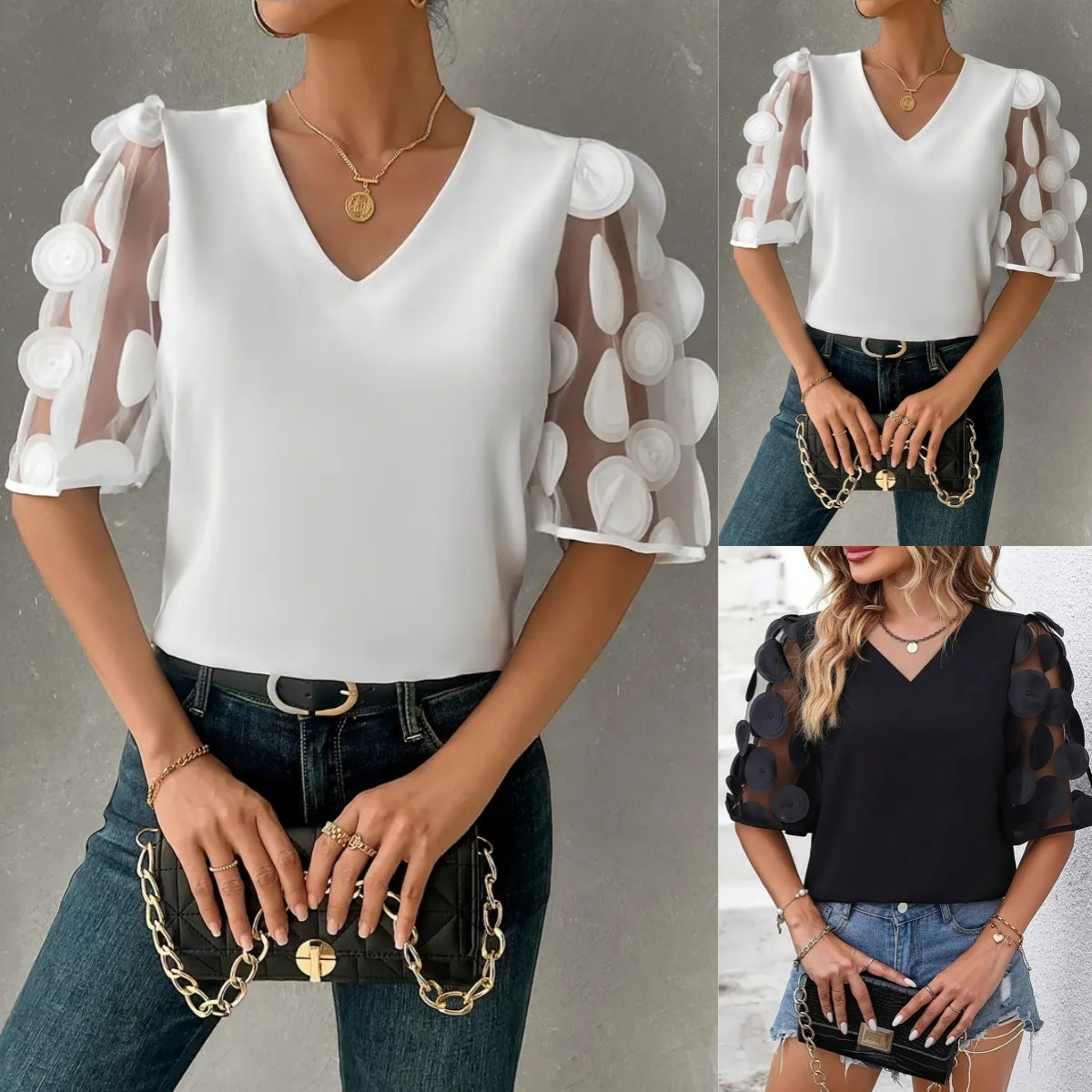 Blouse à manches ballon transparentes à décolleté en V pour femmes Chic und Stil