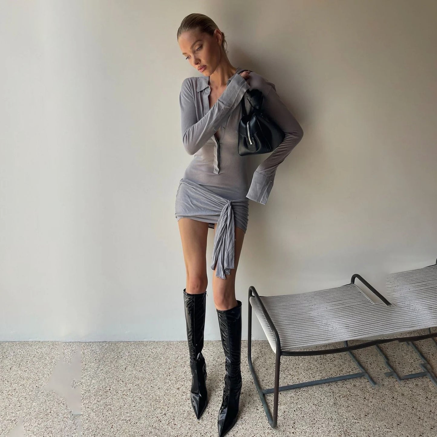 Robe portefeuille chic pour femmes à manches longues et patte de boutonnage minimaliste Chic und Stil