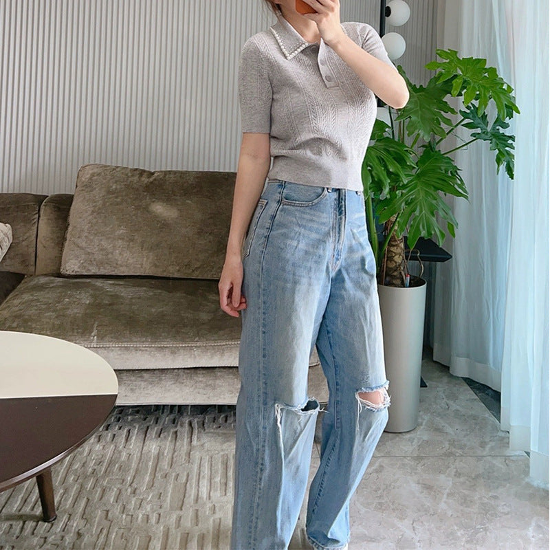 Top polo en tricot texturé pour femme avec détail en perles Chic und Stil
