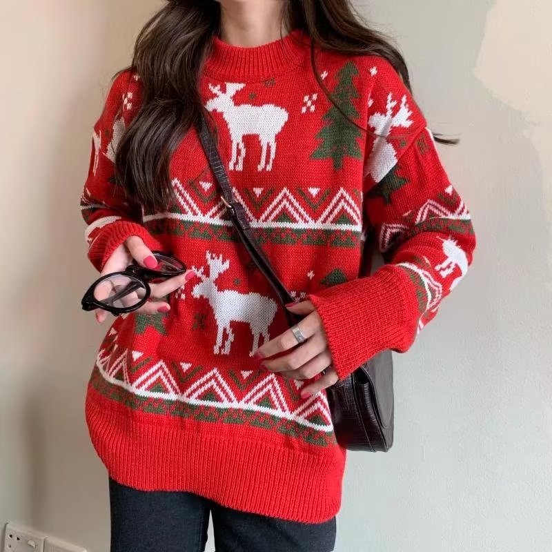 Pull-over en grosse maille pour femmes avec motif de renne festif et encolure ronde Chic und Stil