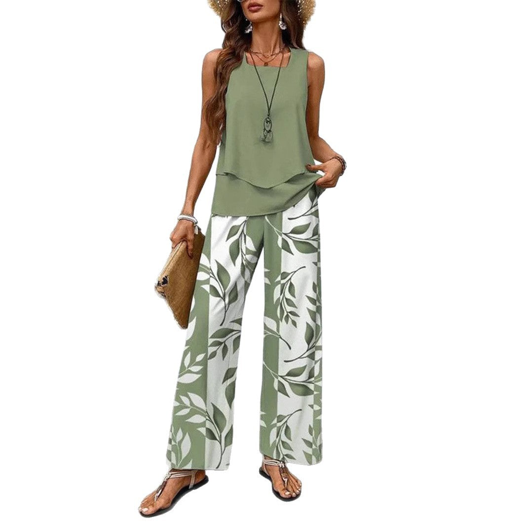 Women elegant leaf pattern wide pants set Chic and Style