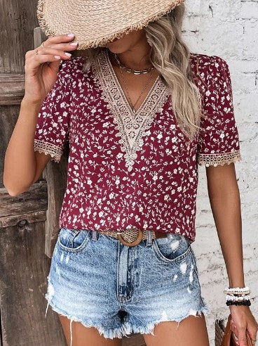 Dames Brodé Fleurs Col V Haut Chic und Stil