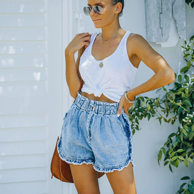 Women's Denim Shorts with Frayed Hem and Elastic Waistband Chic und Stil