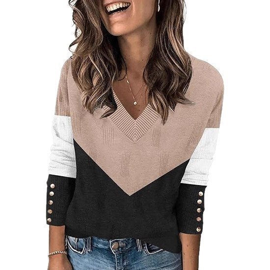 Pull à col en V tendance pour femmes avec bloc de couleur et détails de boutons Chic und Stil