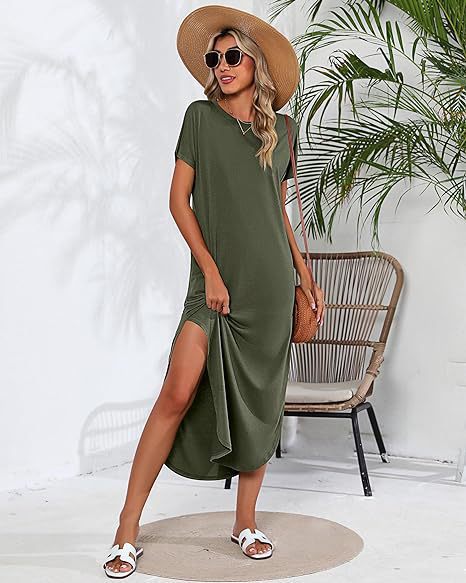 Robe maxi décontractée pour femmes avec fente latérale et joli col rond Chic und Stil
