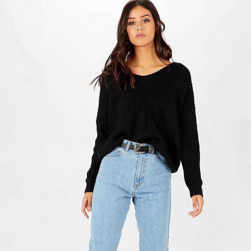 Pull en grosse maille pour femmes avec coupe décontractée et col rond profond Chic und Stil