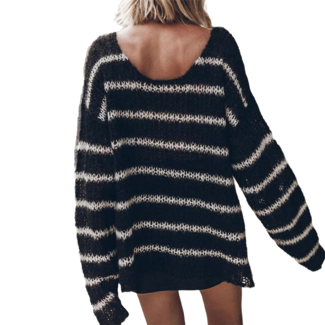 Pull-over en tricot surdimensionné pour femmes avec un motif rayé à la mode et une encolure arrière profonde Chic und Stil