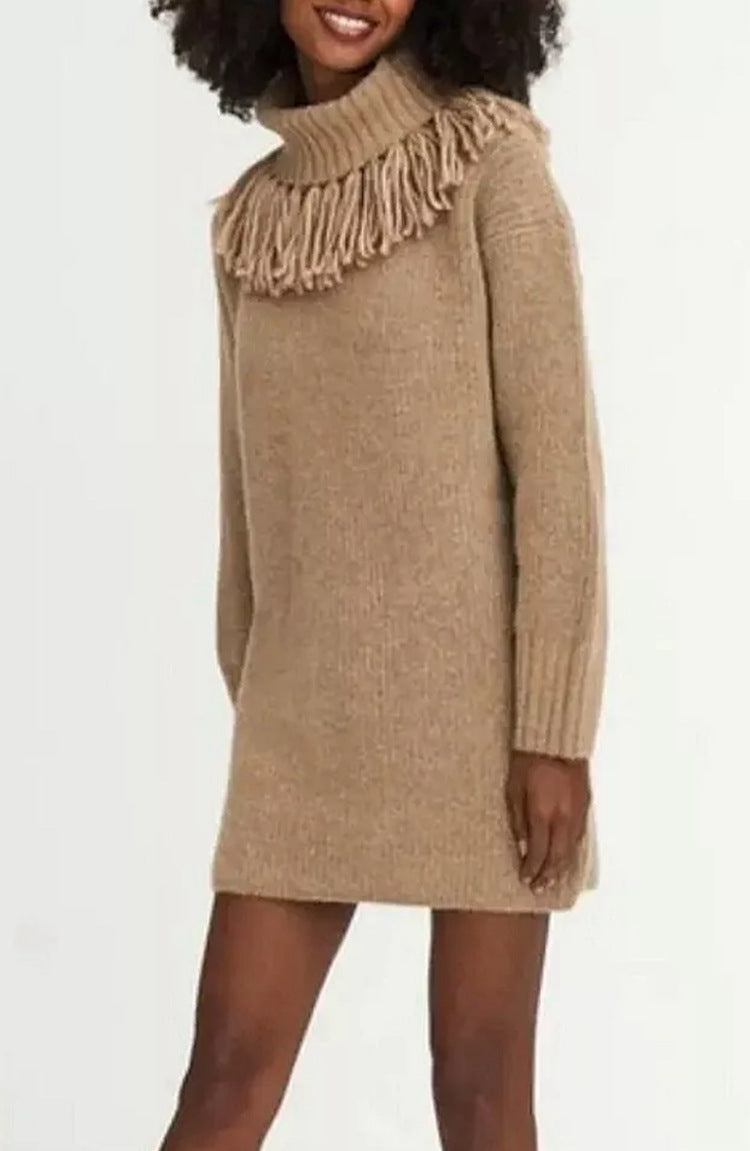 Robe tricotée pour femmes avec bord à franges décoratives et col roulé haut Chic und Still