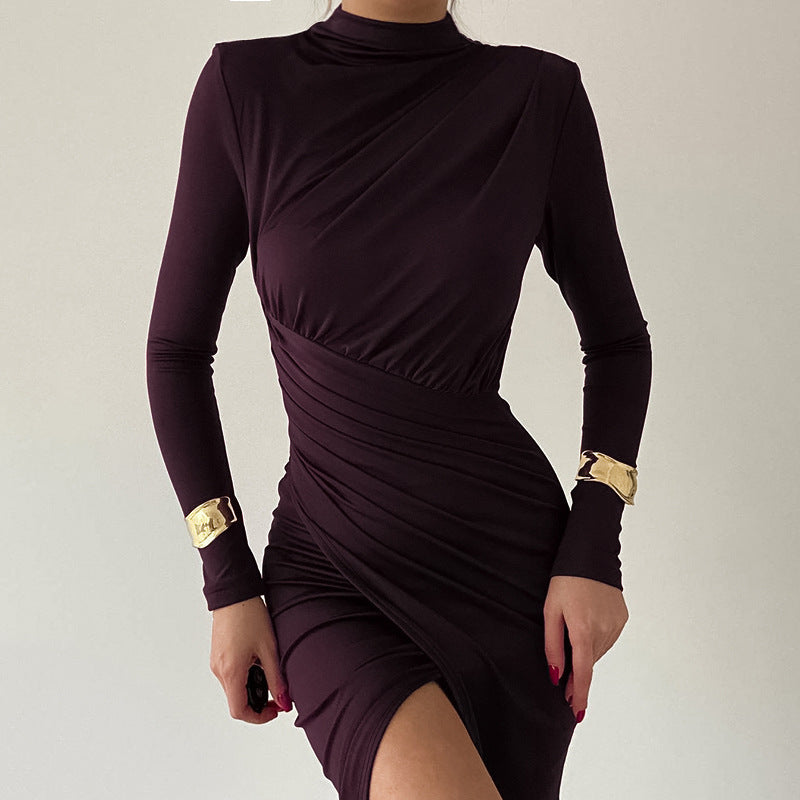 Robe maxi à manches longues pour femmes avec un élégant détail drapé et un col montant Chic und Stil
