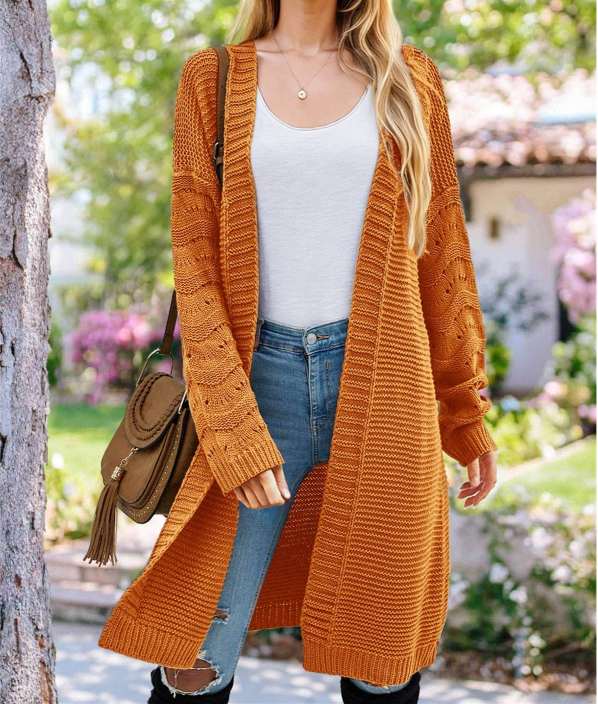 Dames Long Pull Cardigan avec une structure de maille aérée et un devant ouvert Chic und Stil