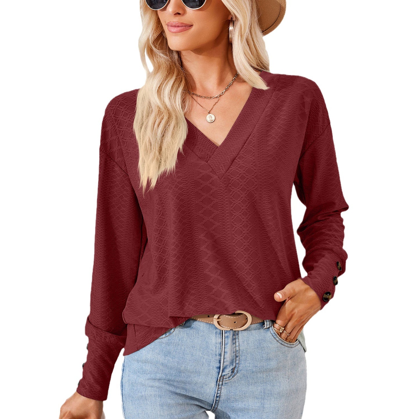Blouse à manches longues pour femme avec un décolleté en V raffiné et un design structuré Chic und Stil