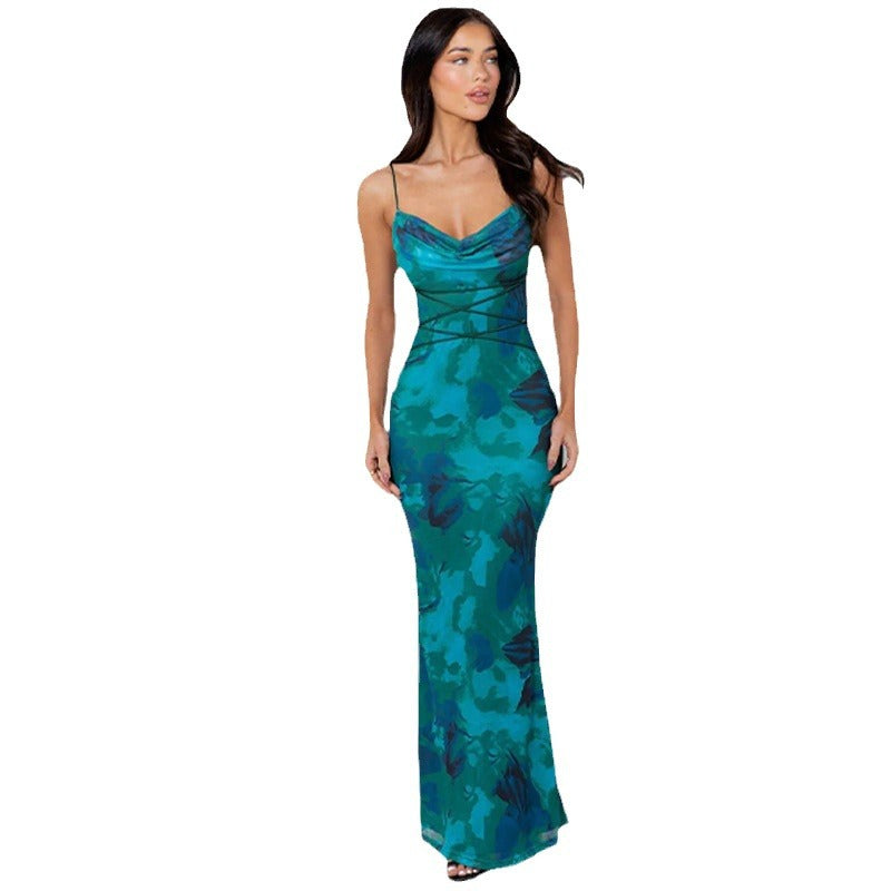 Chic and Stylish Women's Spaghetti Strap Maxi Dress with Draped Collar