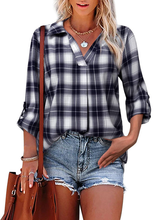 Chemise à carreaux décontractée pour femmes avec manches mi-longues et décolleté en V Chic und Stil