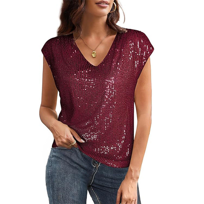 Women Sparkling V-Neck Top with Sequins Chic und Stil