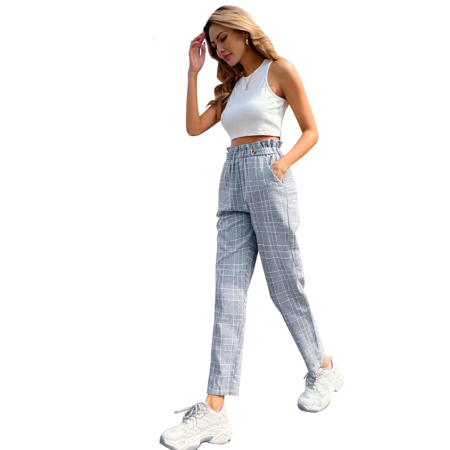 Pantalon taille haute à carreaux pour femmes avec taille élastique et détails de bouton classiques Chic und Stil