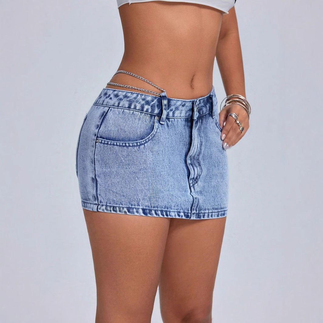Jupe en denim mini taille haute pour femmes avec effet de lavage à la mode et poches latérales Chic und Stil