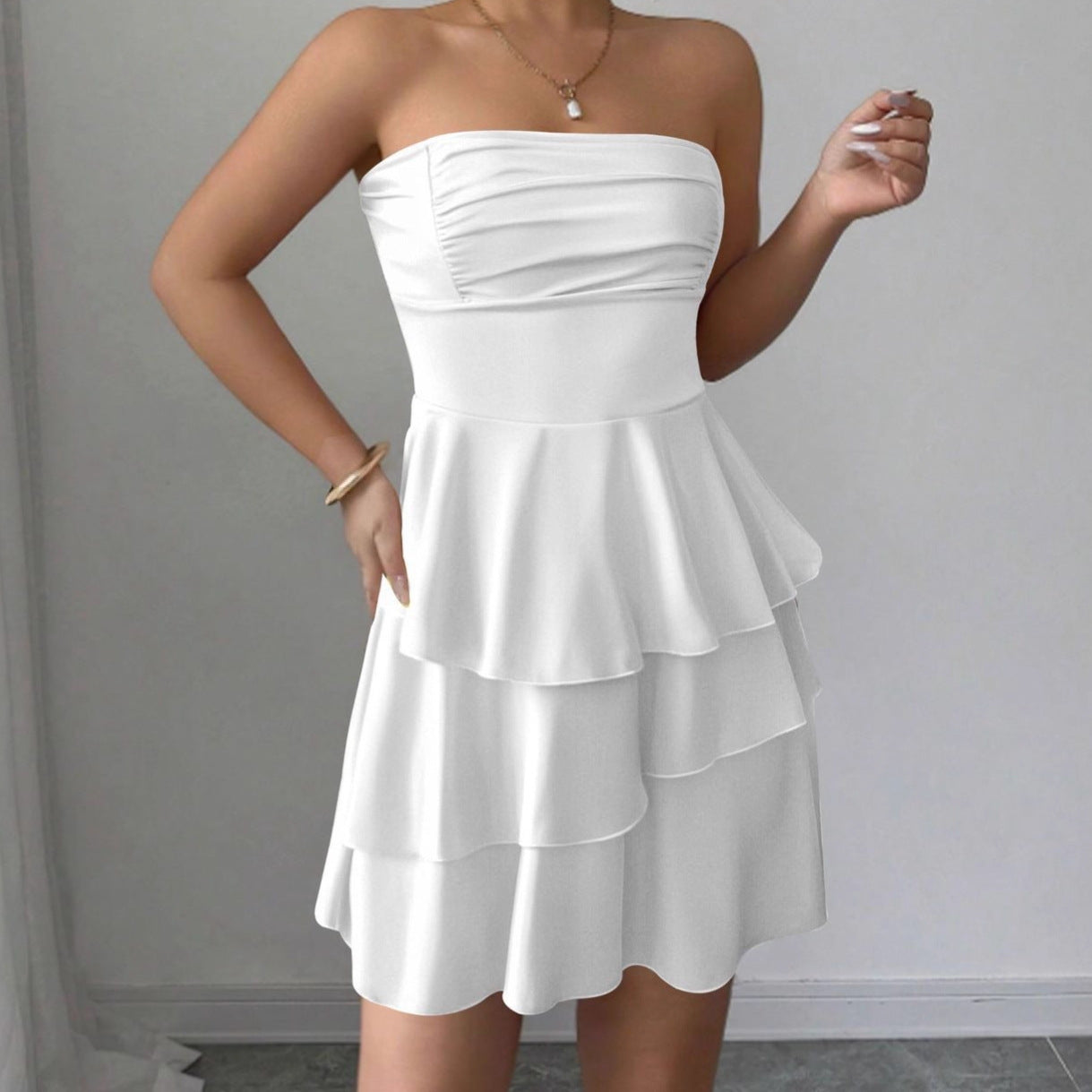 Off-the-shoulder ruffled dress for women with a flowing hem and a chic and stylish design