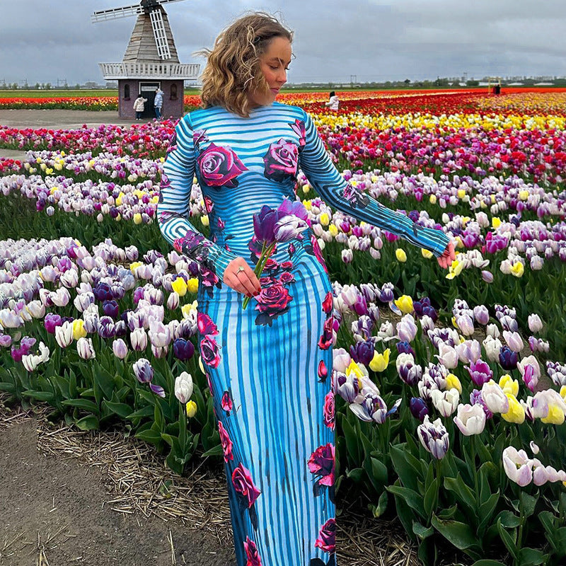Robe Bodycon à rayures florales Chic und Stil pour femmes
