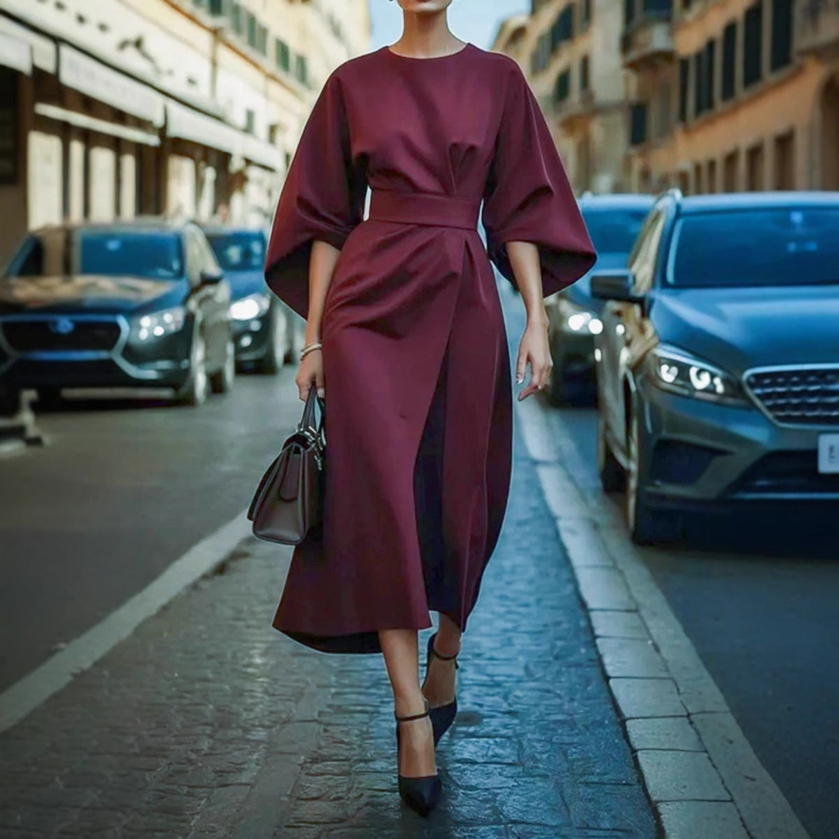 Robe maxi femme avec des manches volumineuses et une ceinture élégante Chic und Stil