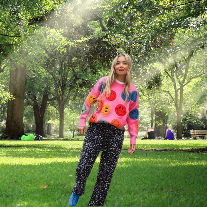 Pull over décontracté pour femmes avec un imprimé de smileys joyeux Chic und Stil