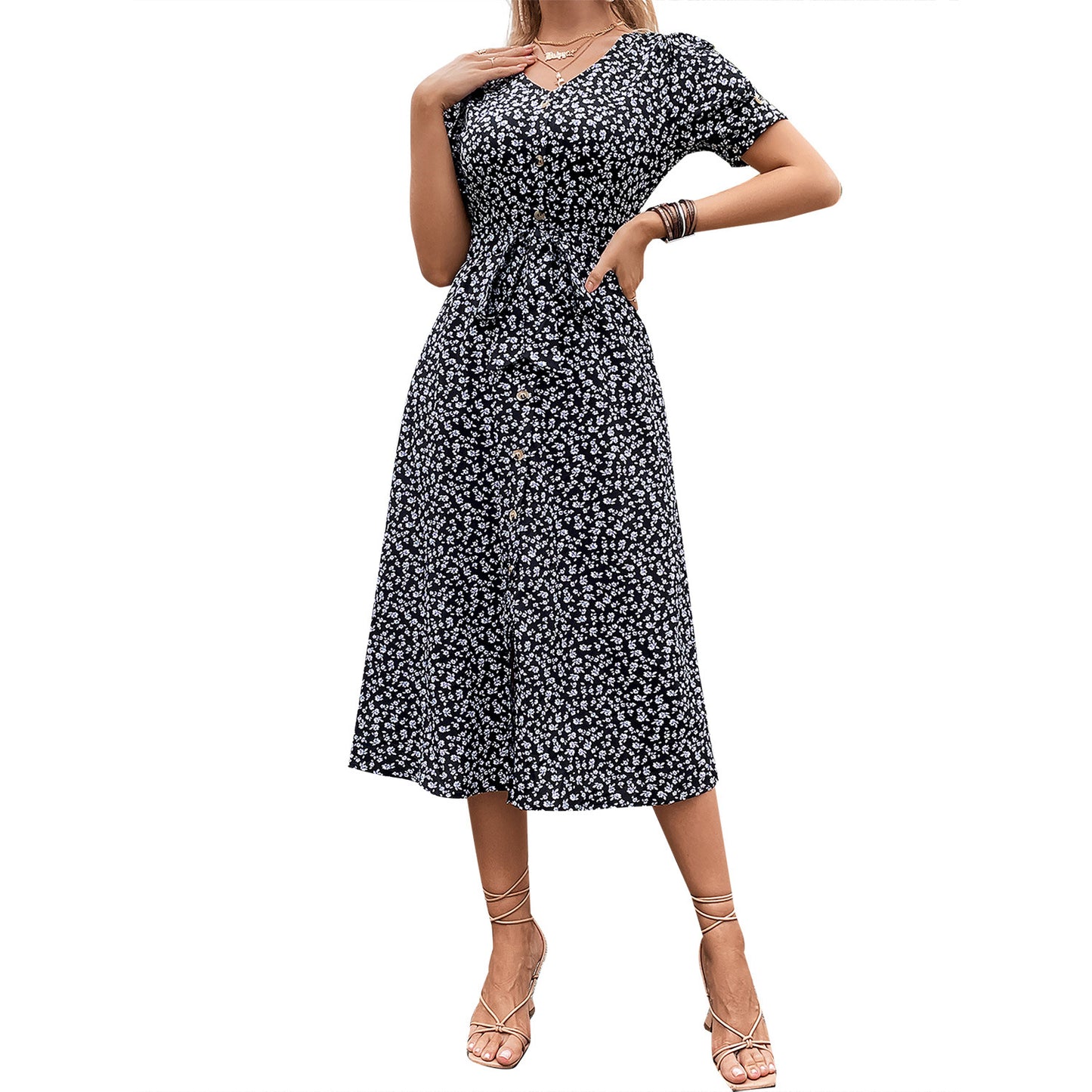 Robe maxi pour femmes avec imprimé floral et ceinture réglable à la taille Chic und Stil