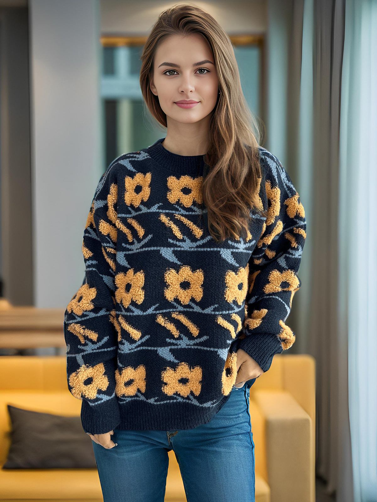 Pull en tricot pour dames avec motif floral et coupe décontractée Chic und Stil