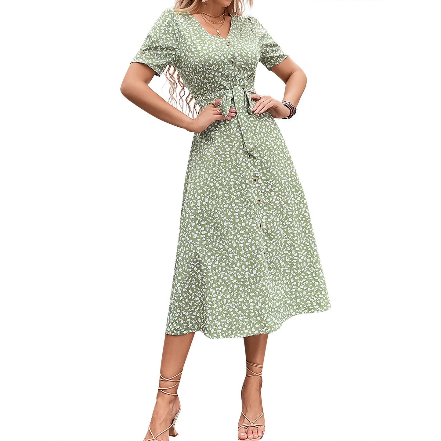 Robe maxi pour femmes avec imprimé floral et ceinture réglable à la taille Chic und Stil