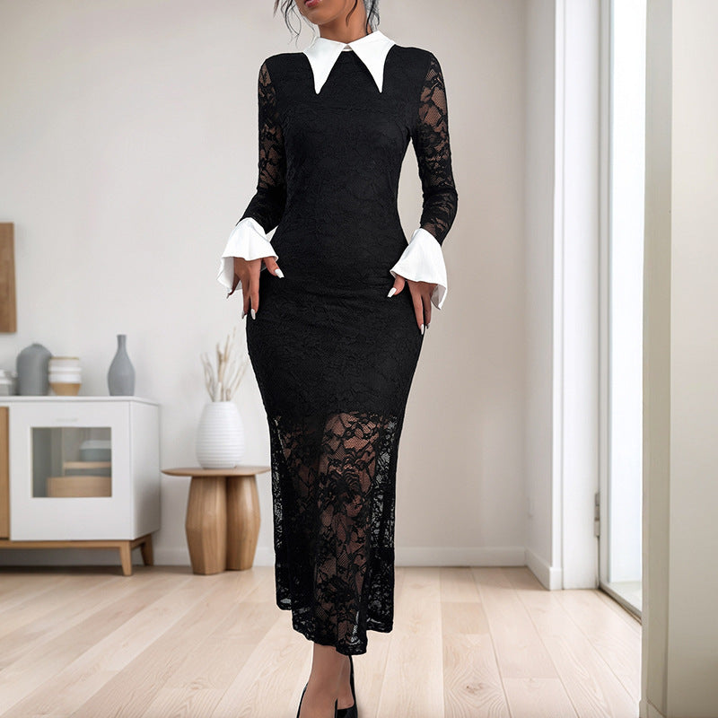 Robe midi élégante en dentelle pour femmes avec col contrasté Chic und Stil