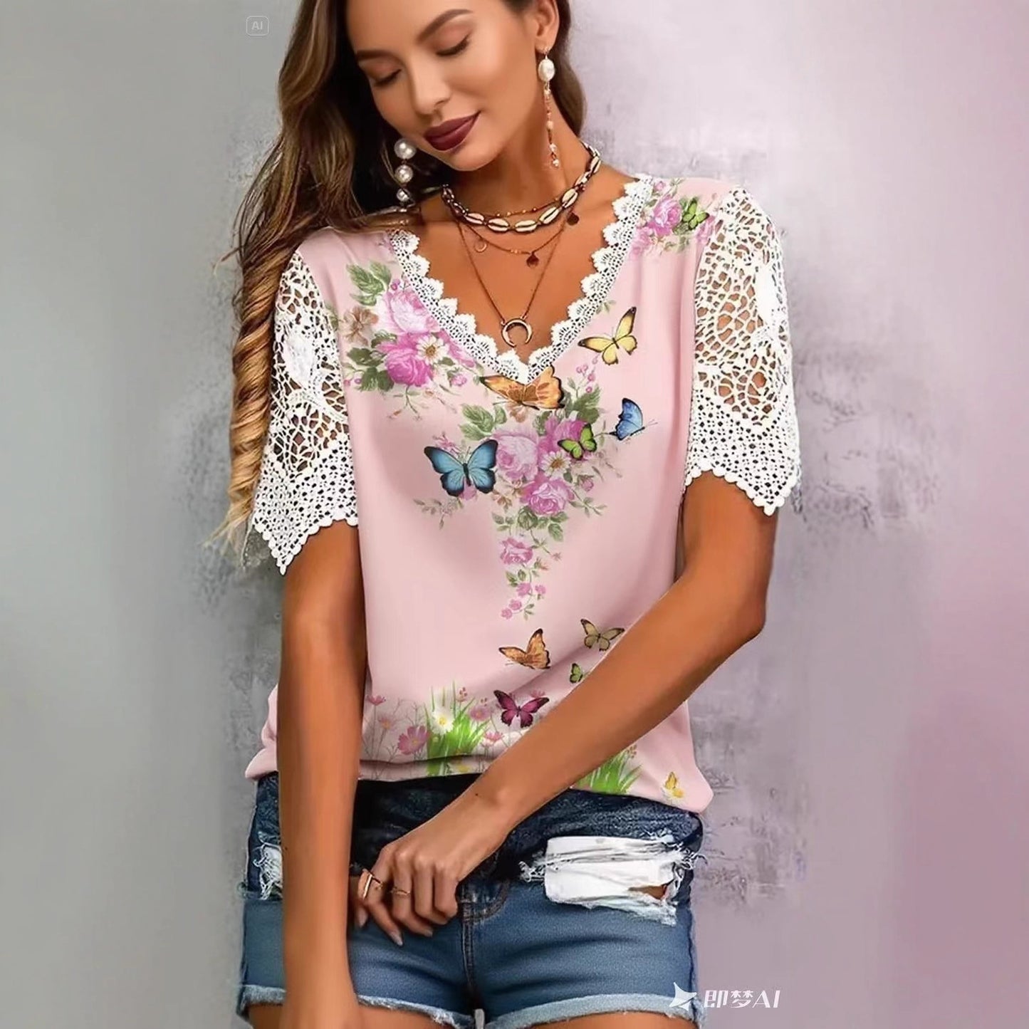 Blouse femme avec dentelle florale et imprimé papillon ludique Chic und Stil