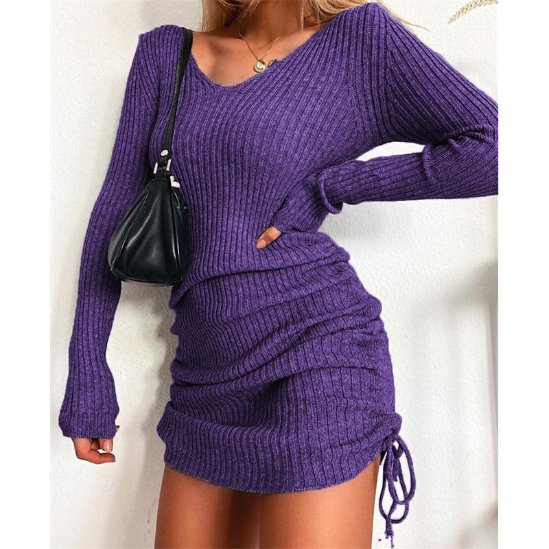 Robe en tricot côtelé pour femmes avec décolleté V profond et ruché réglable Chic und Stil