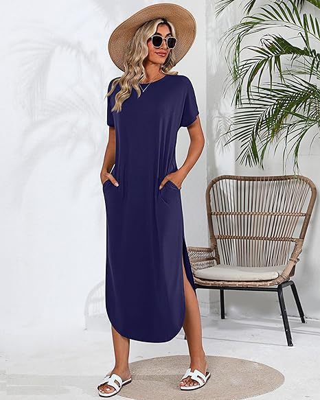 Robe maxi décontractée pour femmes avec fente latérale et joli col rond Chic und Stil