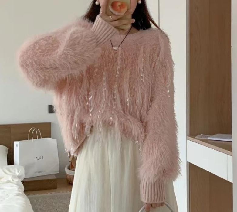 Fuzzy knit sweater for women with unique details Chic and Style