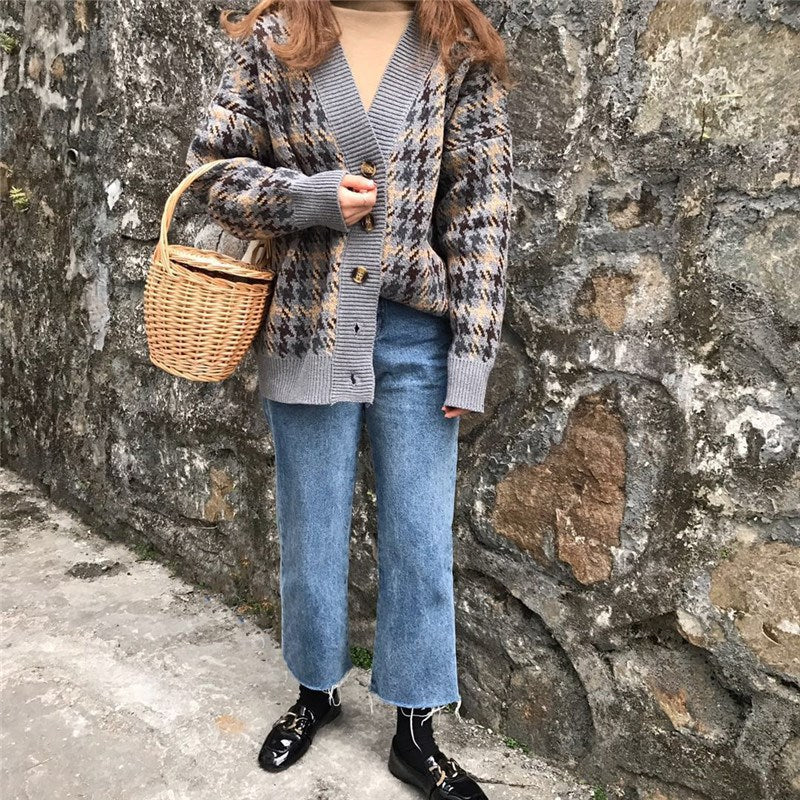 Veste en tricot à carreaux pour femmes avec boutons vintage Chic und Stil