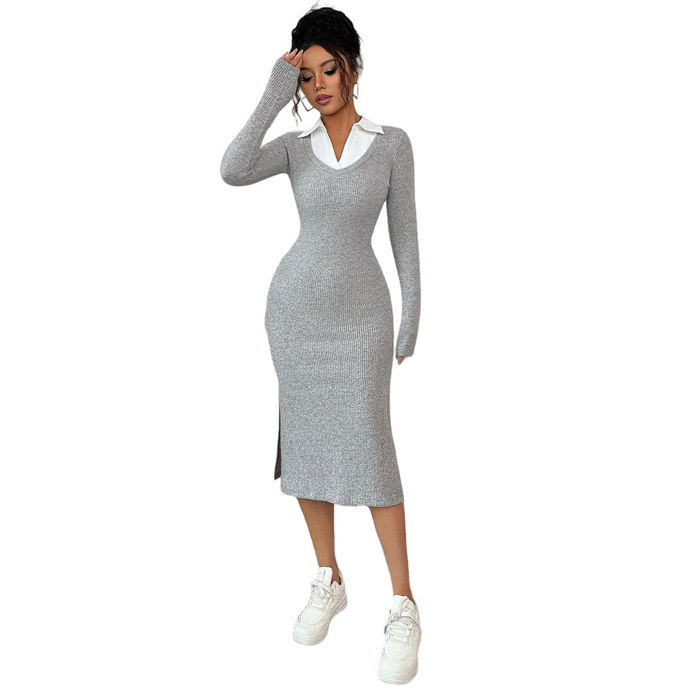 Robe longue ajustée à manches longues pour femmes avec col polo tendance et fente latérale Chic & Stil