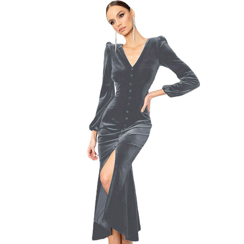 Robe maxi en velours pour femmes avec décolleté en V profond et détails de bouton Chic und Stil
