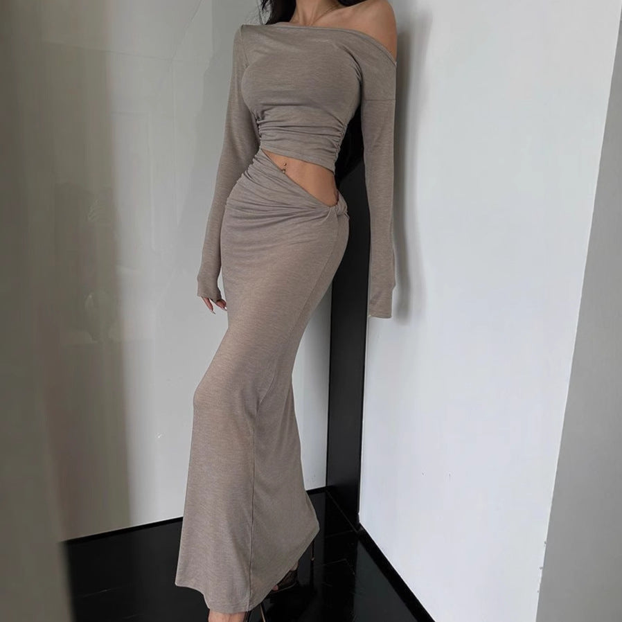 Robe maxi à manches longues pour femmes avec design asymétrique et détails volantés Chic und Stil
