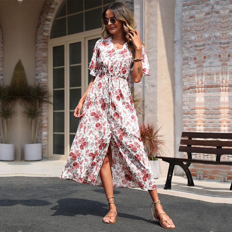Robe maxi à imprimé floral pour femmes avec fente latérale et ceinture à nouer Chic und Stil
