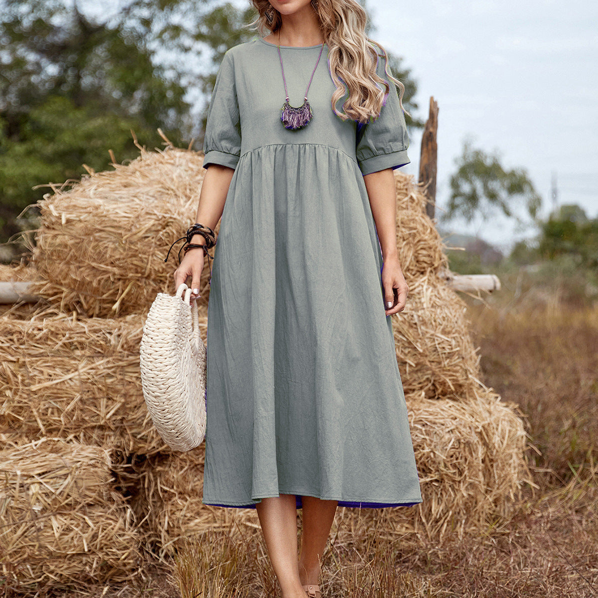 Robe midi en coton échelonné pour femmes Freizeit Chic und Stil