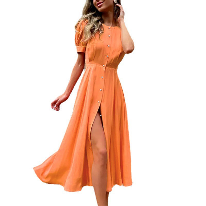 Robe maxi femme avec boutonnage, manches bouffantes et fente latérale Chic und Stil