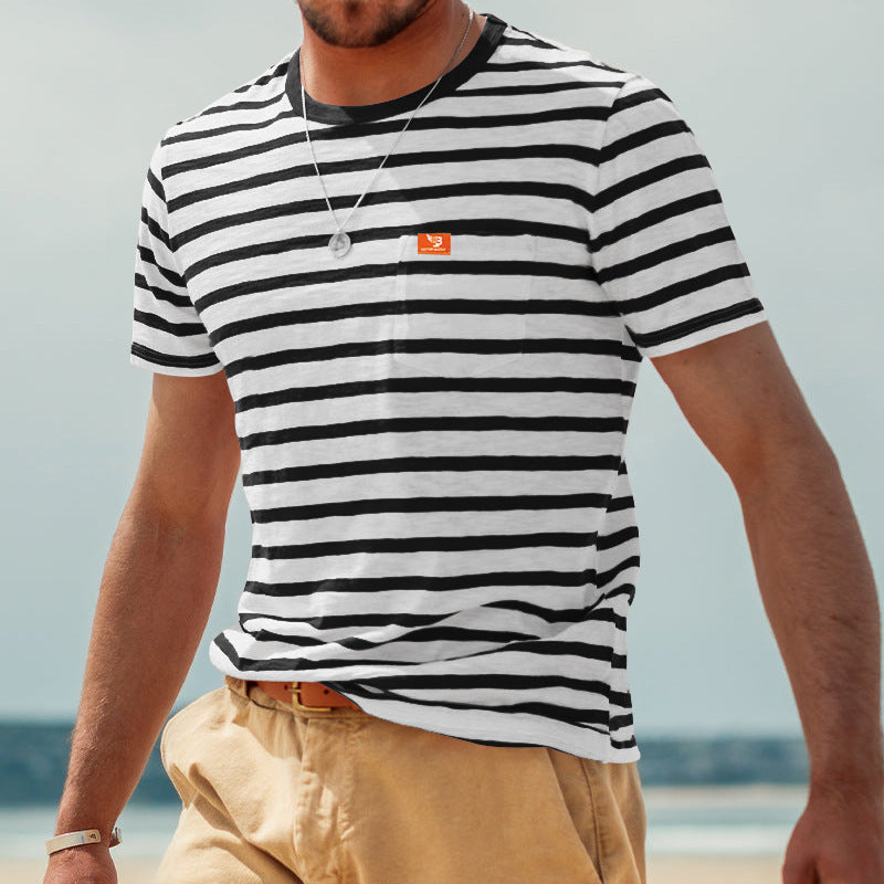 T-shirt à manches courtes rayé pour hommes avec poche poitrine et col rond Chic und Stil
