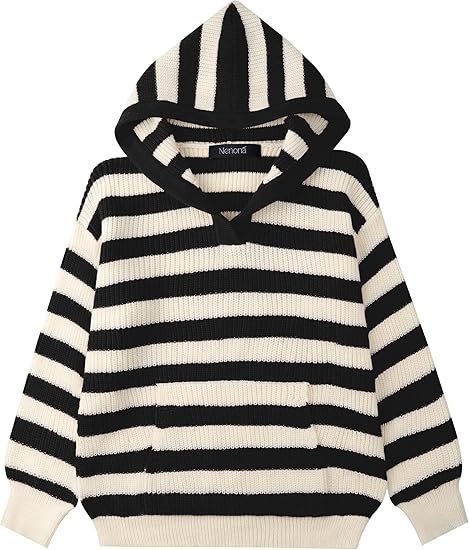 Dames Pull en tricot confortable avec capuche et motif rayé Chic und Stil