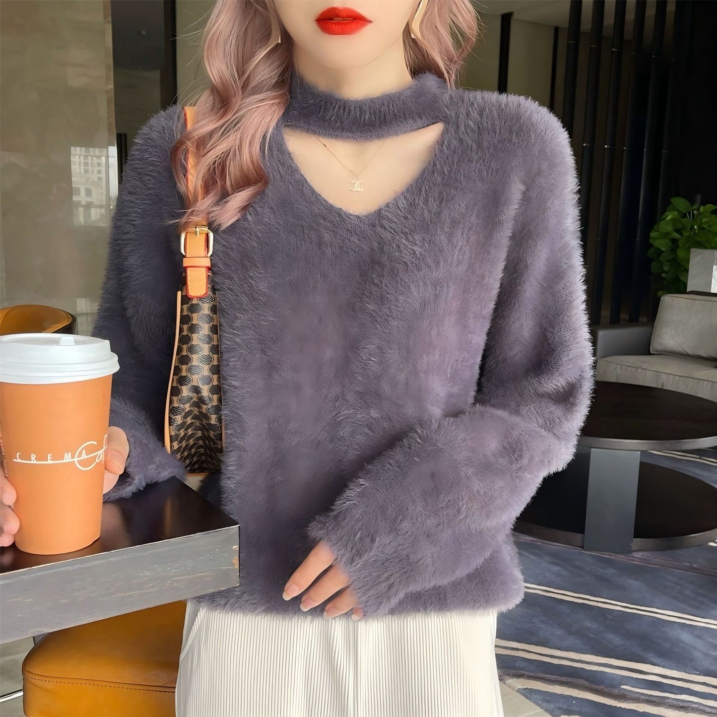 Pull en V avec col haut pour femmes douce Chic und Stil