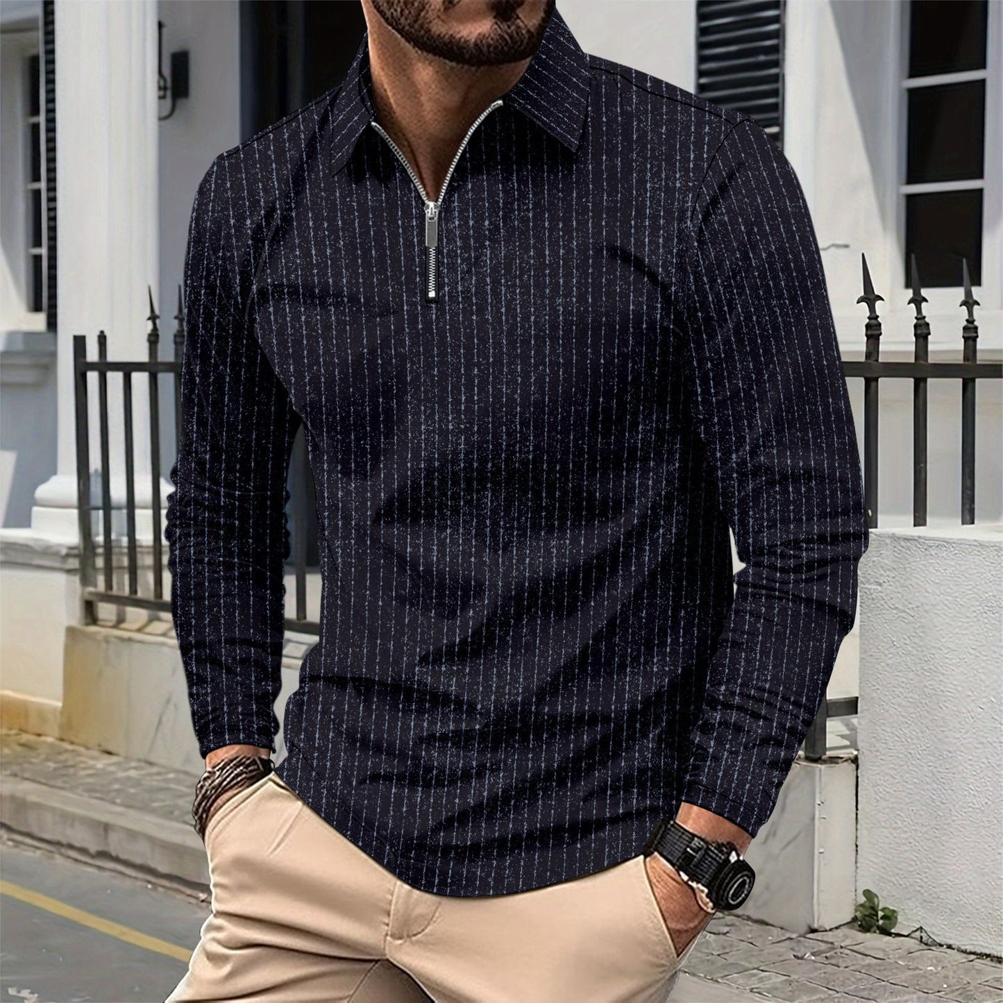 Chemise à manches longues élégante pour hommes avec fermeture éclair et fines rayures Chic und Stil