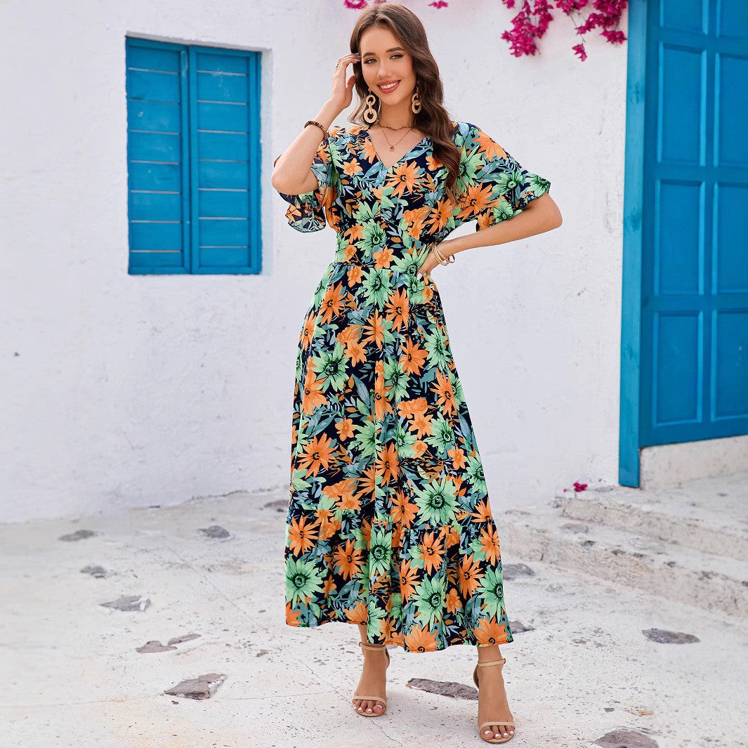 Robe maxi florale pour femmes avec des manches volantes Chic und Stil