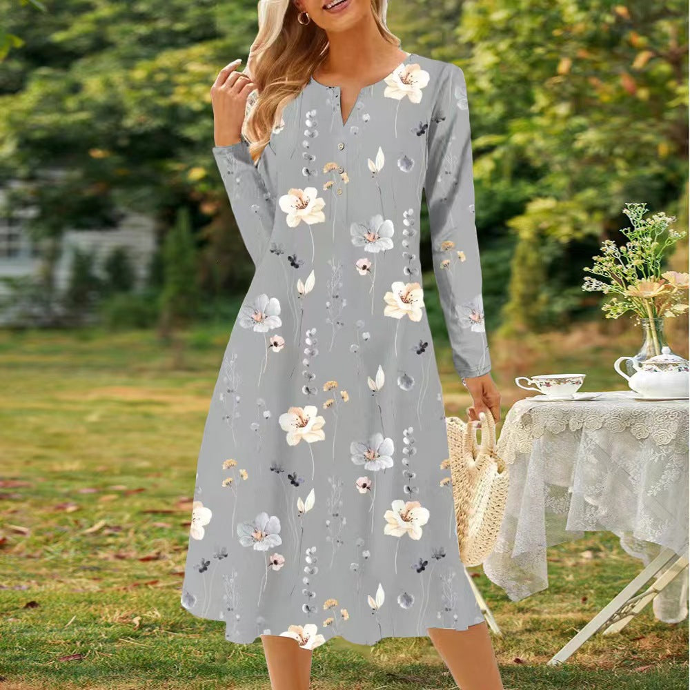 Robe à manches longues pour femmes avec un design floral et une fermeture à boutons sur toute la longueur Chic und Stil