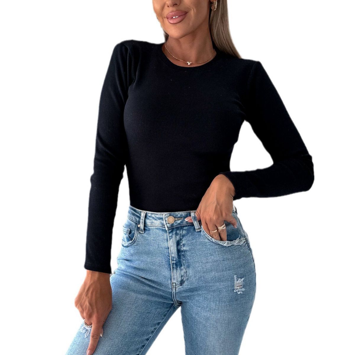 Haut à manches longues pour femmes avec coupe ajustée et texture côtelée Chic und Stil