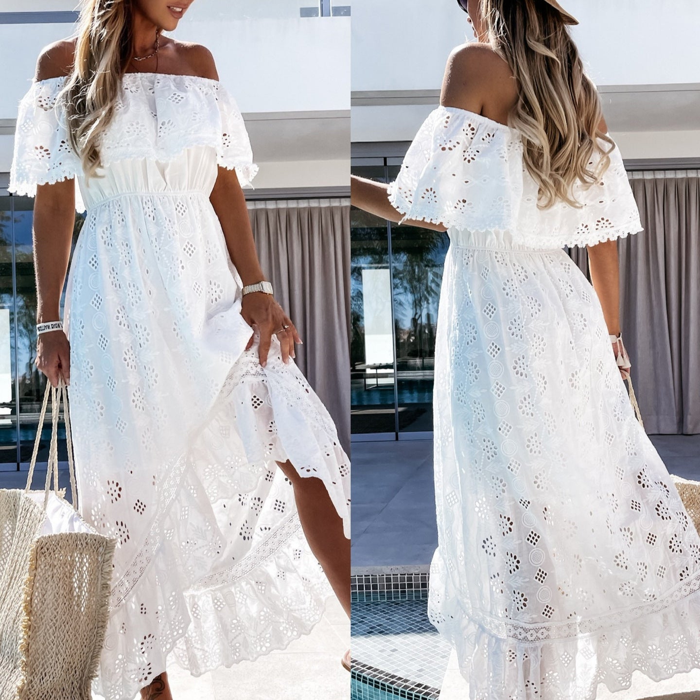 Robe Maxi en dentelle Off-Shoulder pour femmes Chic und Stil
