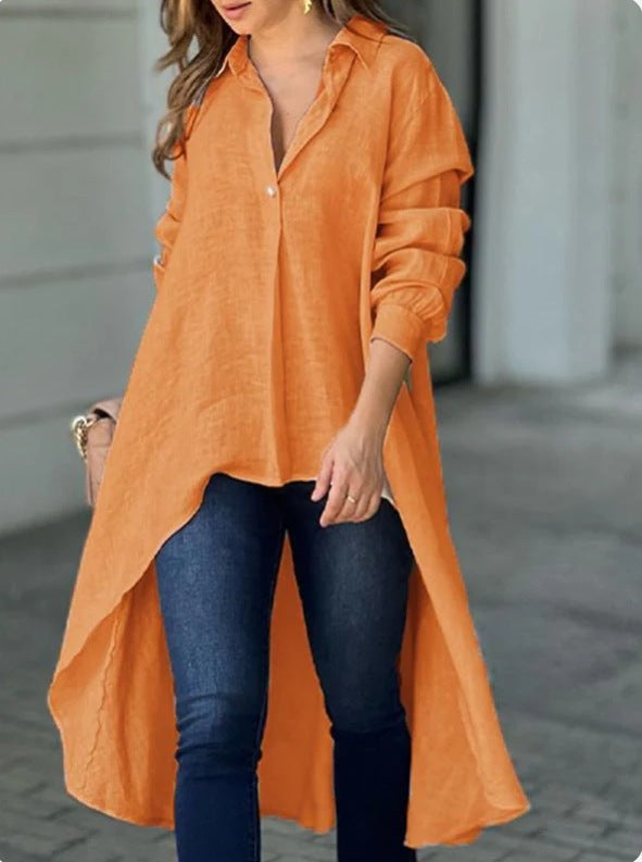 Blouses décontractées pour femmes - T-shirt long en mélange de lin de haute qualité Chic und Stil