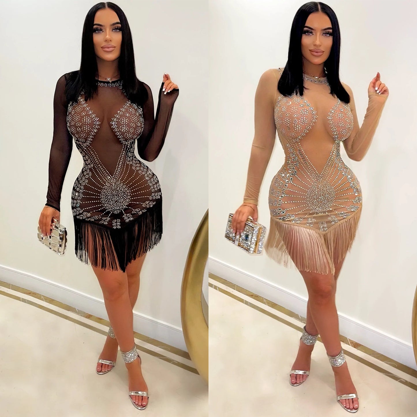 Robe mini transparente ornée de strass pour femmes Chic und Stil